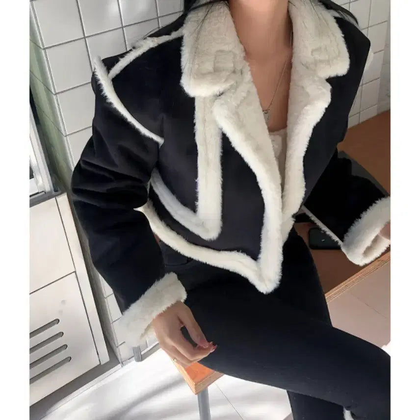 [BUNJANG] S-Nine Fur Trimmed Suede Soft Color Block Mouton / 원가 12만 에스나인 퍼트리밍 스웨이드 소프트 배색 무스탕