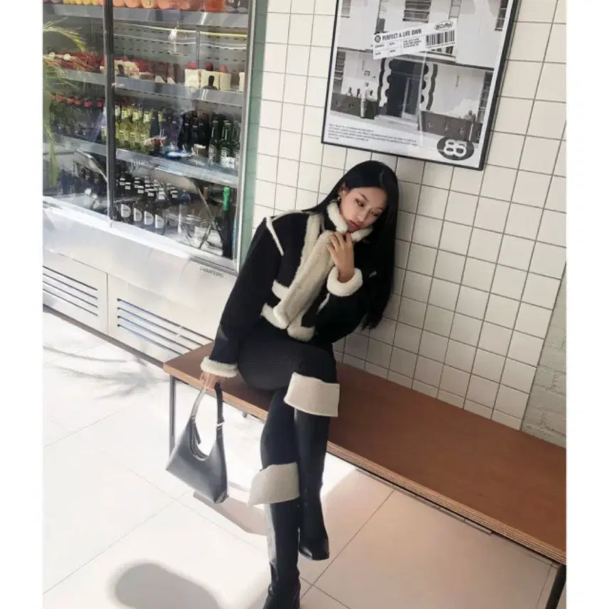 [BUNJANG] S-Nine Fur Trimmed Suede Soft Color Block Mouton / 원가 12만 에스나인 퍼트리밍 스웨이드 소프트 배색 무스탕