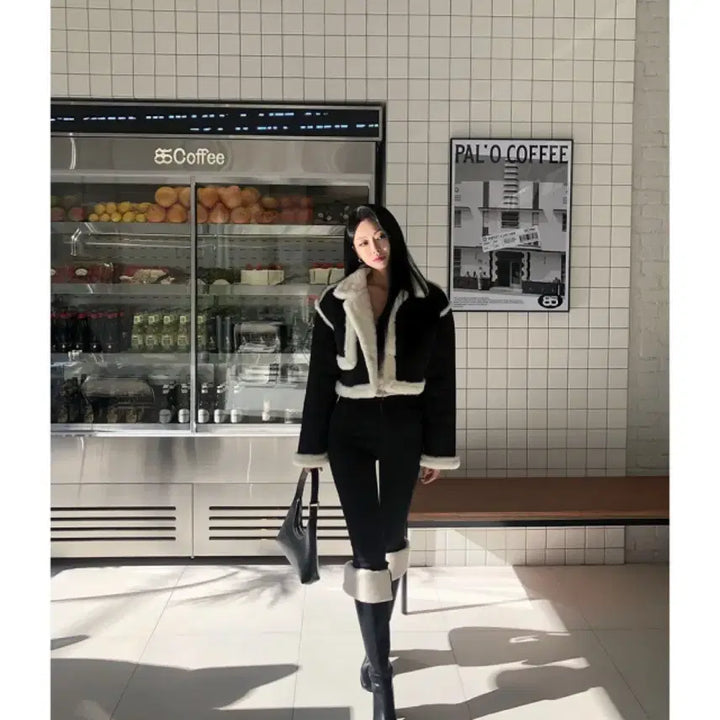 [BUNJANG] S-Nine Fur Trimmed Suede Soft Color Block Mouton / 원가 12만 에스나인 퍼트리밍 스웨이드 소프트 배색 무스탕