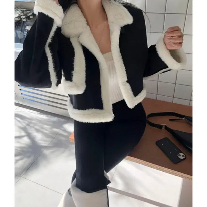 [BUNJANG] S-Nine Fur Trimmed Suede Soft Color Block Mouton / 원가 12만 에스나인 퍼트리밍 스웨이드 소프트 배색 무스탕