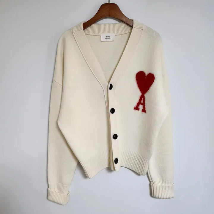 [BUNJANG] AMI White Big Heart Intarsia Wool Cardigan / [M] 아미 화이트 빅하트 인타르시아 울 가디건 BFUKC002 018