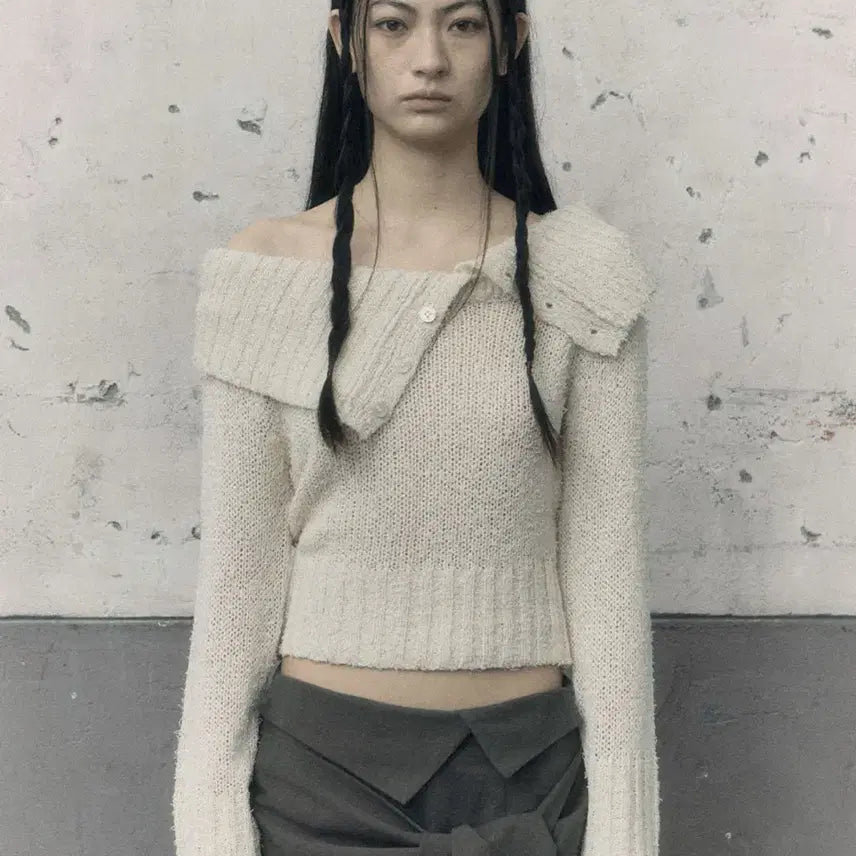 [BUNJANG] Bohemian Seoul Ribbed Button Off-Shoulder Top / 보헤미안서울 리브드 버튼 오프숄더