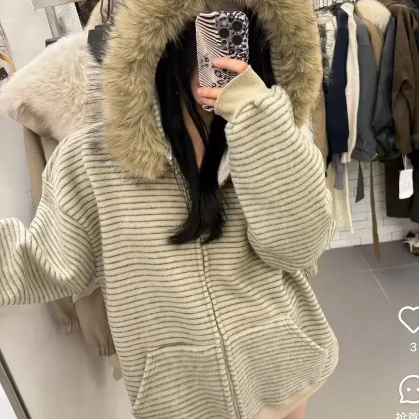 [BUNJANG] Hooded Fur Zip-up Jacket / 단가라 털후드집업 여자 후드 퍼후드 기모 집업