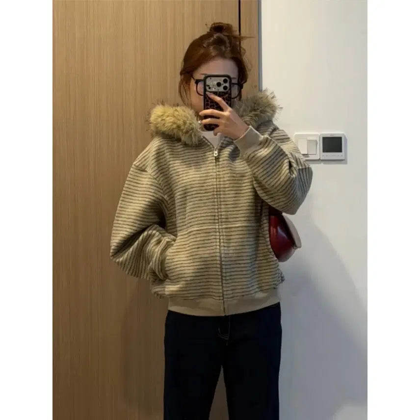 [BUNJANG] Hooded Fur Zip-up Jacket / 단가라 털후드집업 여자 후드 퍼후드 기모 집업