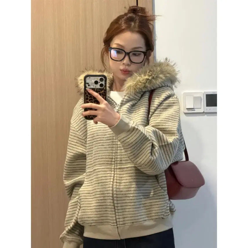 [BUNJANG] Hooded Fur Zip-up Jacket / 단가라 털후드집업 여자 후드 퍼후드 기모 집업