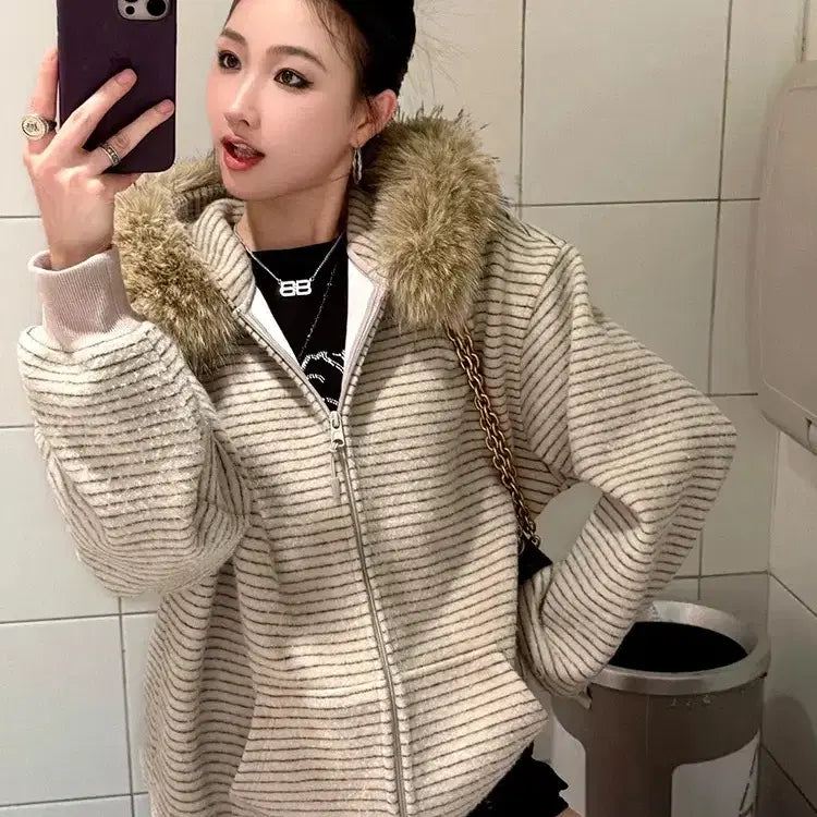 [BUNJANG] Hooded Fur Zip-up Jacket / 단가라 털후드집업 여자 후드 퍼후드 기모 집업