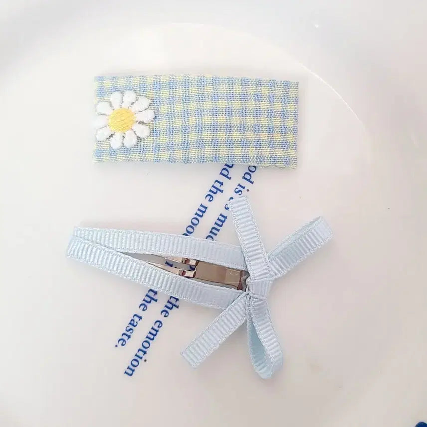 [BUNJANG] Check Daisy Ribbon Baby Snap Clip Set / 체크 데이지 / 리본 아기 똑딱삔 2종