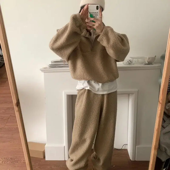 [BUNJANG] Puff Fleece Two-Piece Set / 양털 조거팬츠세트 트레이닝세트 뽀글이 투피스