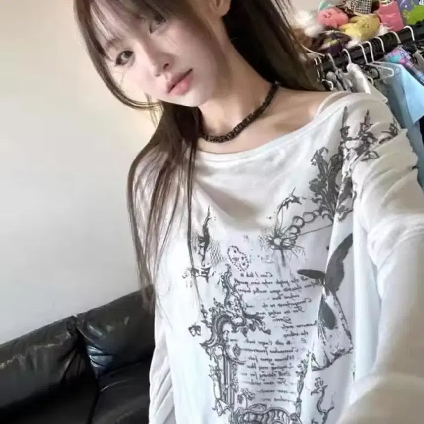 [BUNJANG] Vintage Y2K Off-Shoulder Long Sleeve Top / 착샷o 일본빈티지 y2k오프숄더 롱슬리브 여름긴팔 셔링 루즈핏