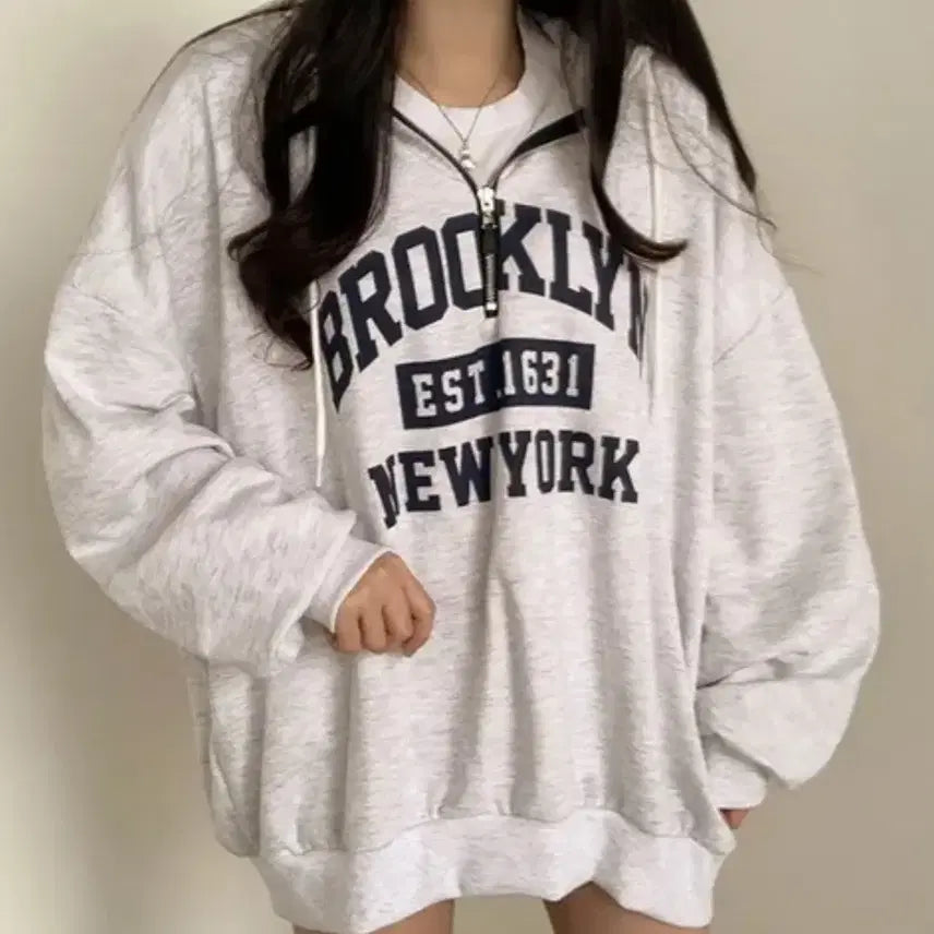 [BUNJANG] Brooklyn Oversized Half-Zip Hoodies Set / 브루클린 반집업 오버핏 후드 백염 + 곤색 세트