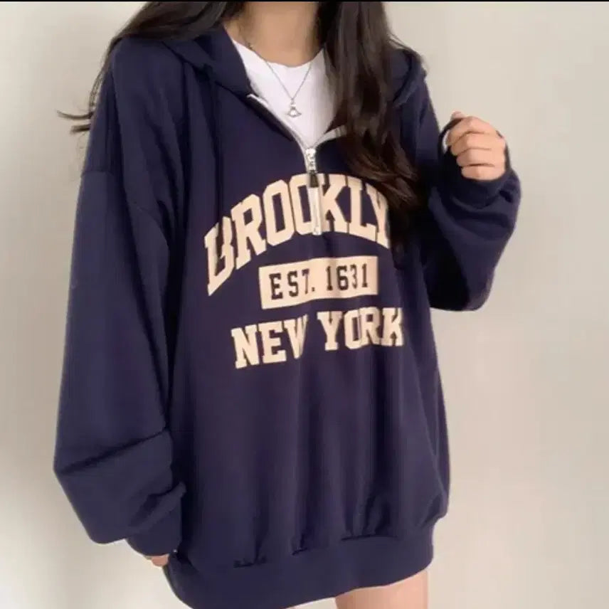 [BUNJANG] Brooklyn Oversized Half-Zip Hoodies Set / 브루클린 반집업 오버핏 후드 백염 + 곤색 세트