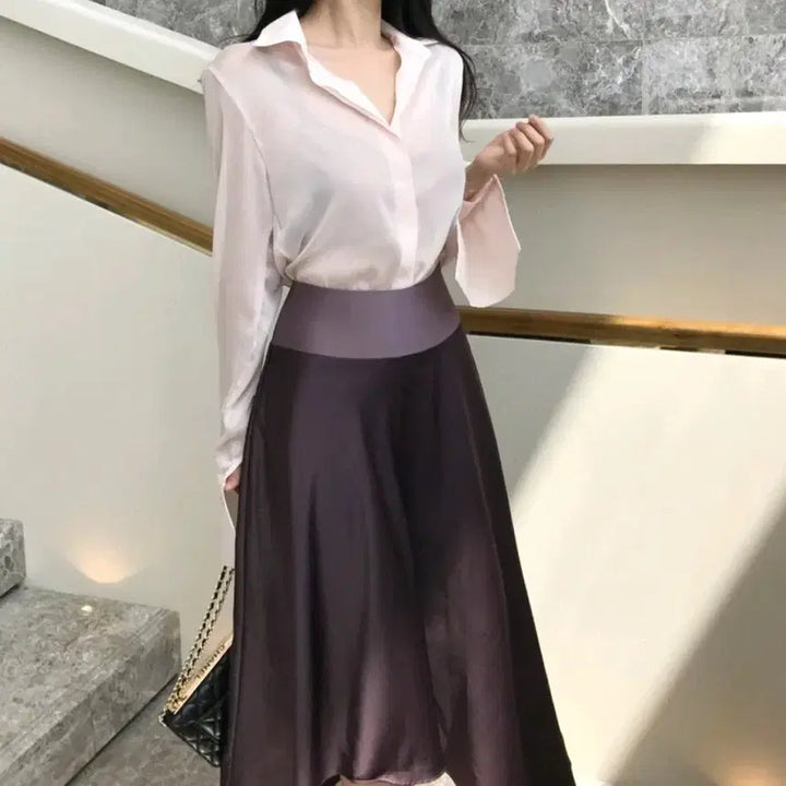 [BUNJANG] The Mignon Sheer Blouse &amp; Asymmetrical Skirt Set / (스커트 수선 상품) 더마농 시스루 블라우스 핑크, 언발 스커트 바이올렛