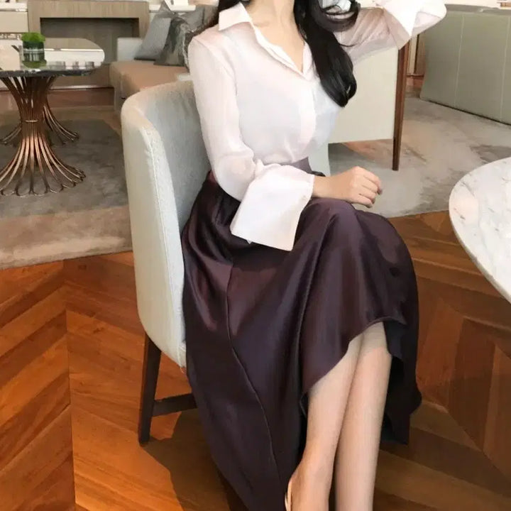 [BUNJANG] The Mignon Sheer Blouse &amp; Asymmetrical Skirt Set / (스커트 수선 상품) 더마농 시스루 블라우스 핑크, 언발 스커트 바이올렛