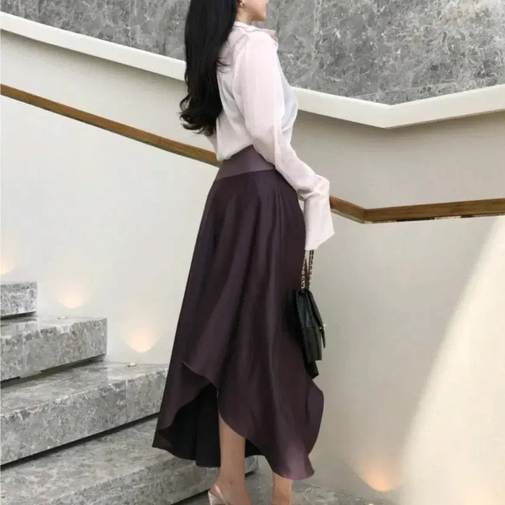 [BUNJANG] The Mignon Sheer Blouse &amp; Asymmetrical Skirt Set / (스커트 수선 상품) 더마농 시스루 블라우스 핑크, 언발 스커트 바이올렛