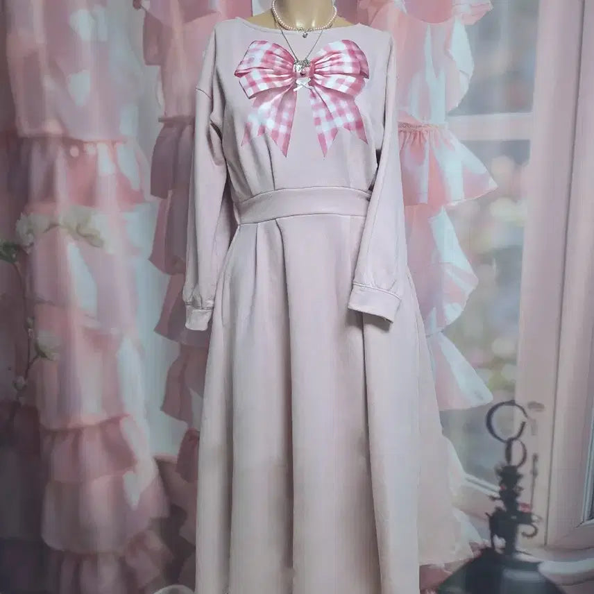 [BUNJANG] Ribbon Printed Fleece Lined Dress / 8부 소매 기모 안감 리본 프린팅 원피스