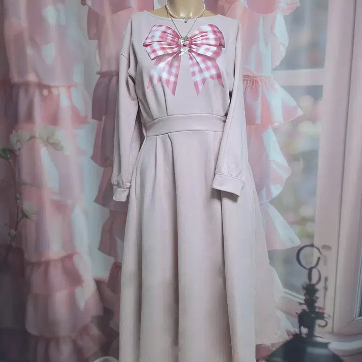 [BUNJANG] Ribbon Printed Fleece Lined Dress / 8부 소매 기모 안감 리본 프린팅 원피스