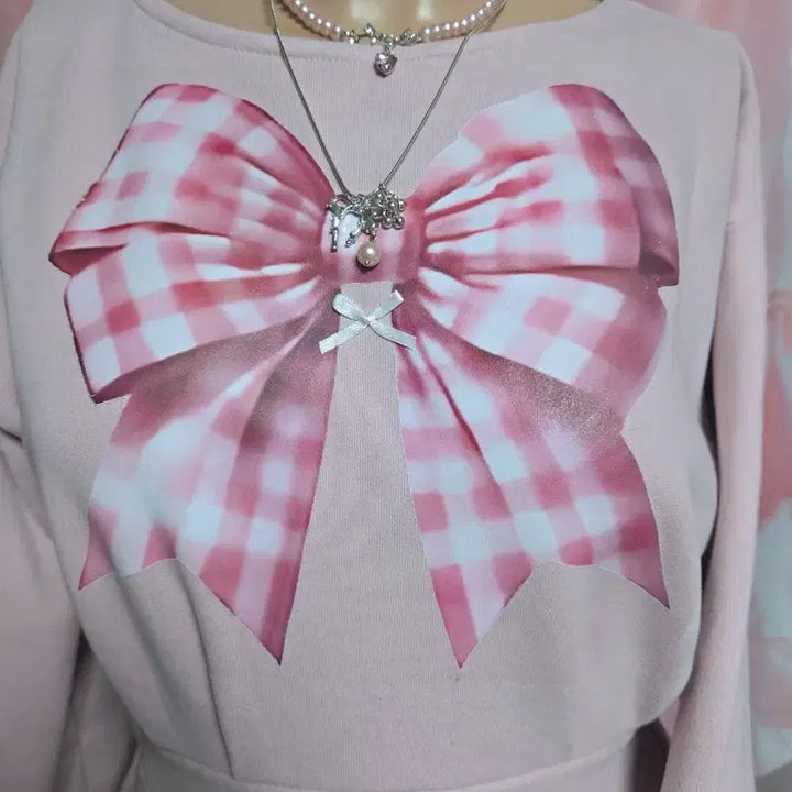 [BUNJANG] Ribbon Printed Fleece Lined Dress / 8부 소매 기모 안감 리본 프린팅 원피스