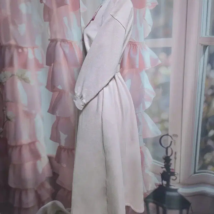 [BUNJANG] Ribbon Printed Fleece Lined Dress / 8부 소매 기모 안감 리본 프린팅 원피스