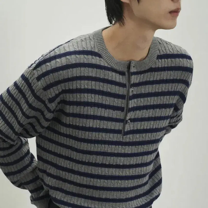 [BUNJANG] 50) Photocard Face Cable Henley Knit Gray / 50) 포커페이스 케이블 헨리넥니트 그레이