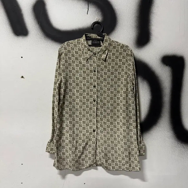 [BUNJANG] Vintage Houndstooth Check Silk Shirt / VTG 빈티지 100% 실크 하운드 체크 패턴 긴팔 셔츠