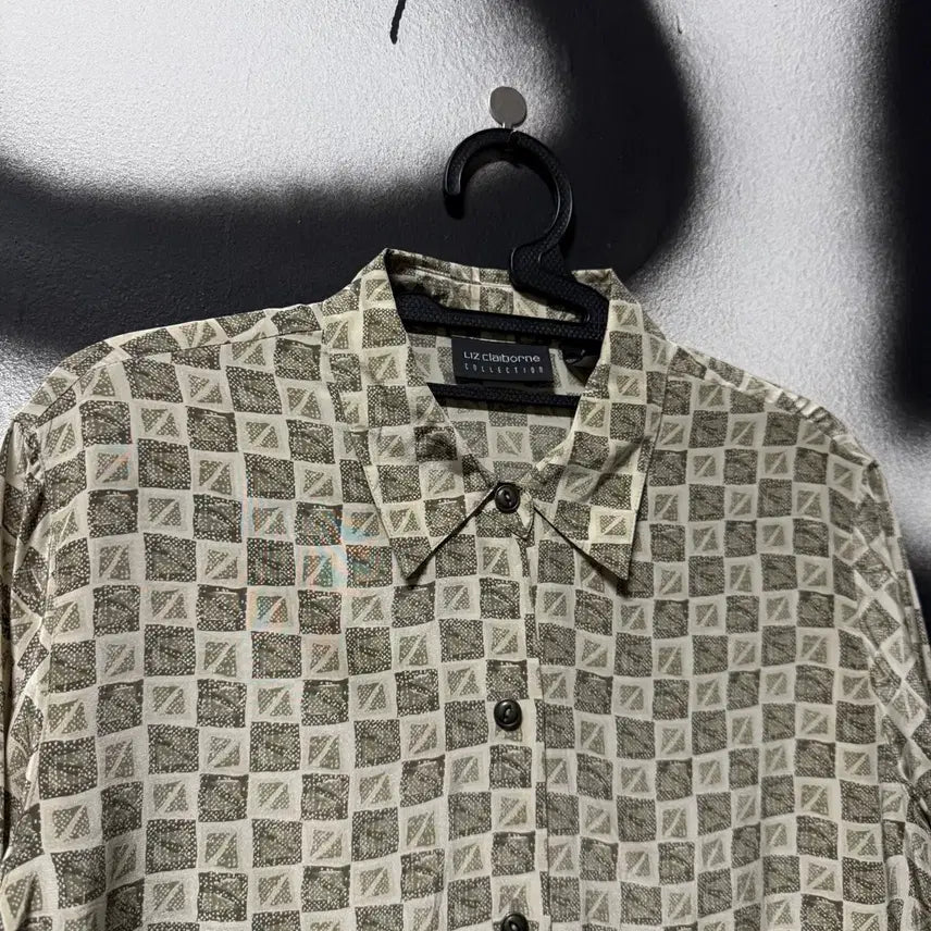 [BUNJANG] Vintage Houndstooth Check Silk Shirt / VTG 빈티지 100% 실크 하운드 체크 패턴 긴팔 셔츠