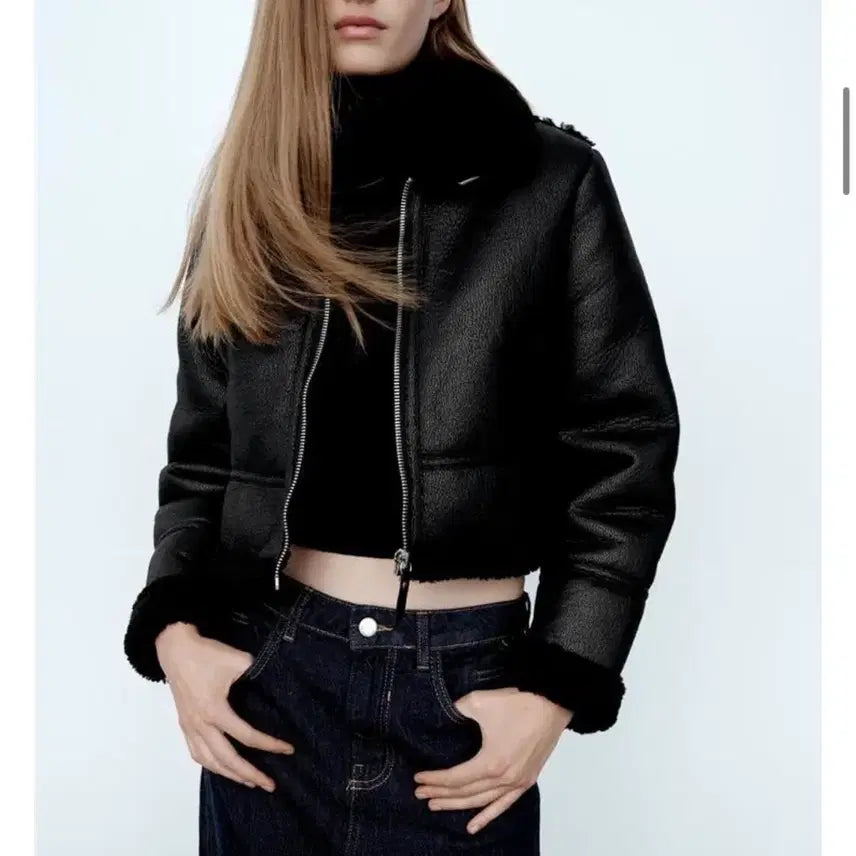 [BUNJANG] ZARA Leather Double-Faced Crop Mouton / 자라 레더 더블 페이스드 크롭 무스탕