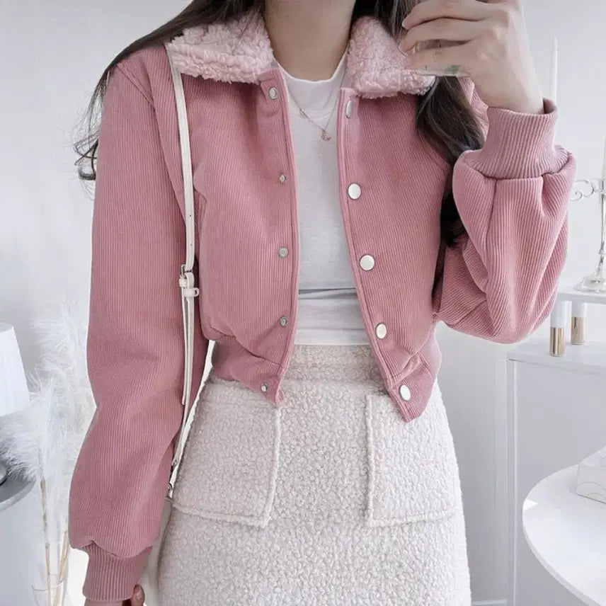 [BUNJANG] Pink Corduroy Short Mustang / 새상품 / 퍼 카라 코듀로이 숏 무스탕 핑크