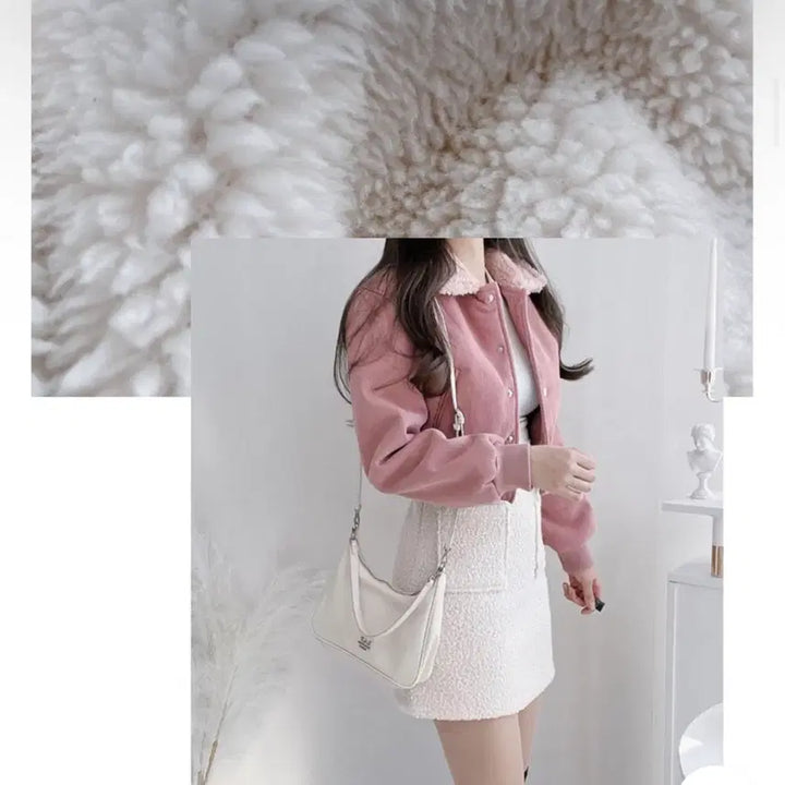 [BUNJANG] Pink Corduroy Short Mustang / 새상품 / 퍼 카라 코듀로이 숏 무스탕 핑크