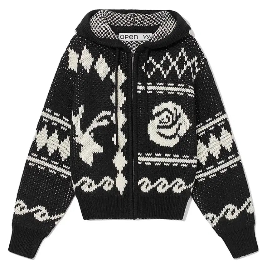 [BUNJANG] Open Y Knit Jacquard Zip-up / 오픈와이와이 자카드 니트집업