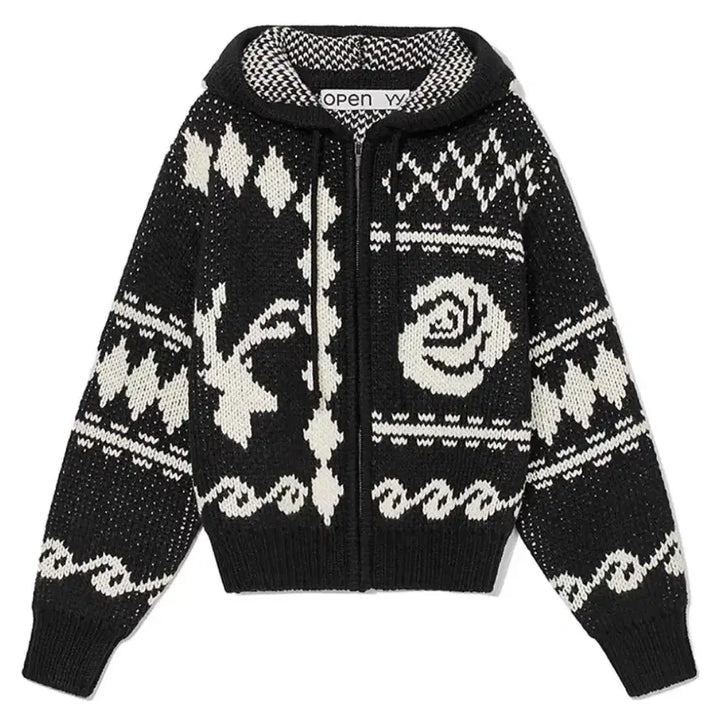 [BUNJANG] Open Y Knit Jacquard Zip-up / 오픈와이와이 자카드 니트집업