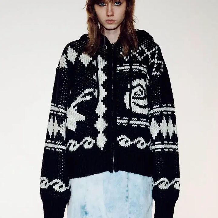 [BUNJANG] Open Y Knit Jacquard Zip-up / 오픈와이와이 자카드 니트집업