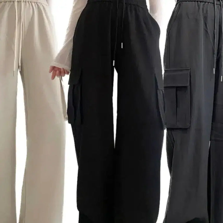 [BUNJANG] Avely High Waist String Cargo Pants Black / 에이블리 하이웨스트 스트링 밴드 카고 팬츠 블랙