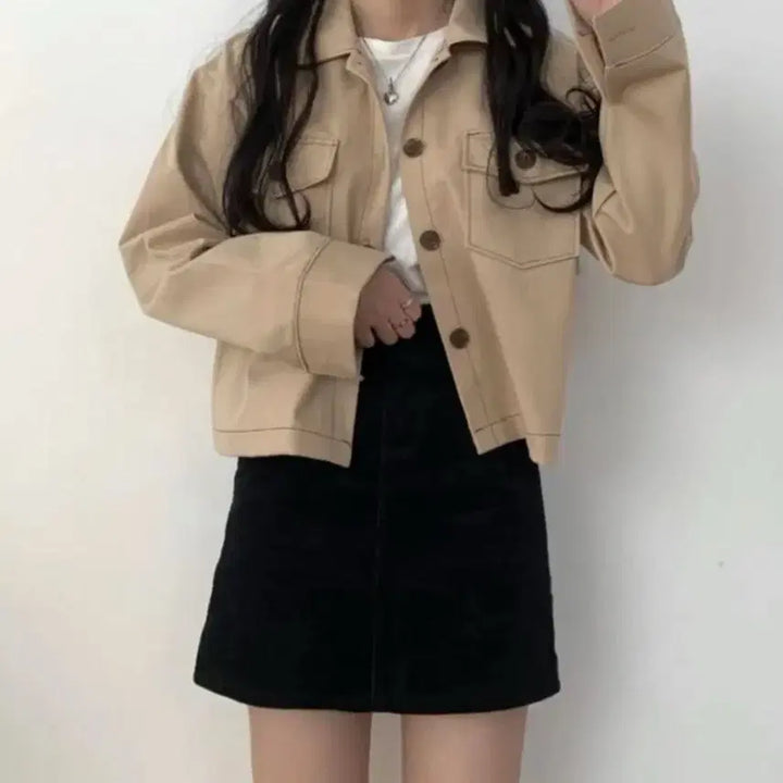 [BUNJANG] Stitch Cream Loose Cotton Jacket / 스티치 크림 루즈 면자켓