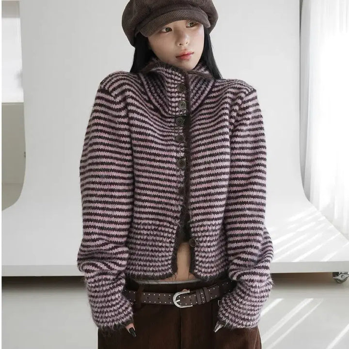 [BUNJANG] Binary One Striped Knit Cardigan (Pink) / 1회시착,무배/바이너리원_스트라이프 니트 가디건 (핑크)