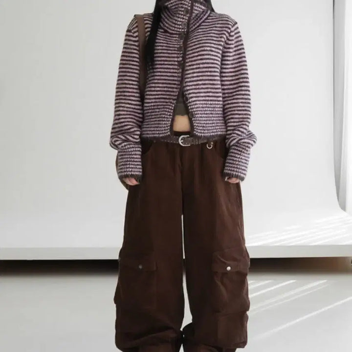 [BUNJANG] Binary One Striped Knit Cardigan (Pink) / 1회시착,무배/바이너리원_스트라이프 니트 가디건 (핑크)