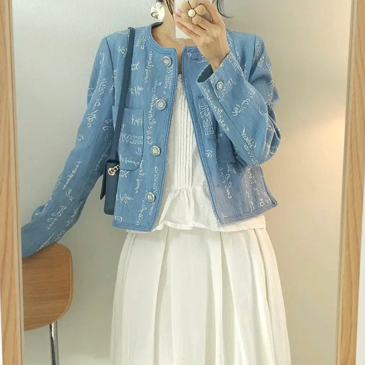 [BUNJANG] DEWL Lettering Blue Tweed Jacket / (55)DEWL 듀엘 여성 자켓 레터링 블루 트위드 긴팔 봄하객룩