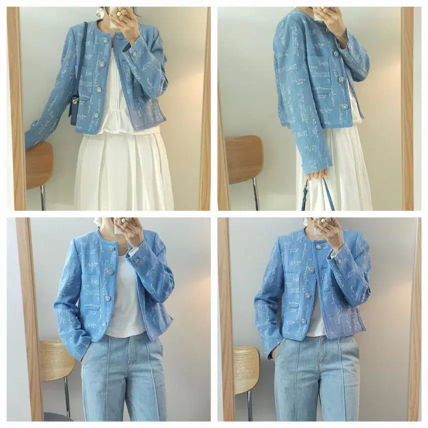 [BUNJANG] DEWL Lettering Blue Tweed Jacket / (55)DEWL 듀엘 여성 자켓 레터링 블루 트위드 긴팔 봄하객룩