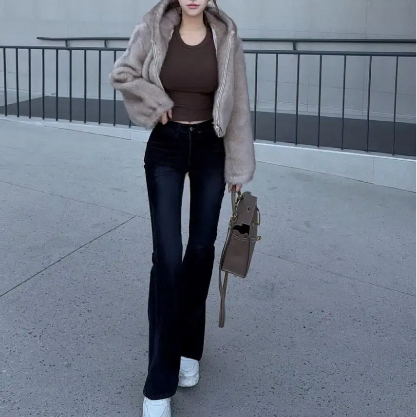 [BUNJANG] Imported Beige Hooded Fur Jacket / 새상품.수입의류)베이지 후드 퍼 자켓