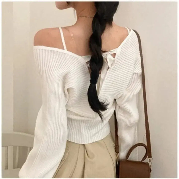 [BUNJANG] Avely Off-Shoulder Ribbed Knit Ivory Top / (새상품) 에이블리 오프숄더 골지 랩 니트 아이보리
