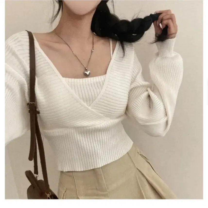 [BUNJANG] Avely Off-Shoulder Ribbed Knit Ivory Top / (새상품) 에이블리 오프숄더 골지 랩 니트 아이보리