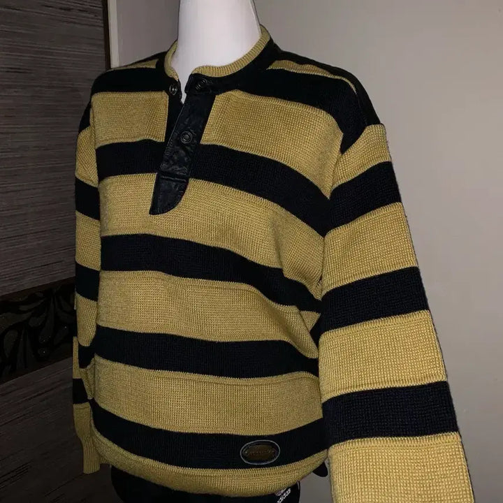 [BUNJANG] Adidas Stripe Leather Knit Sweater / 아디다스 스트라이프 가죽 니트