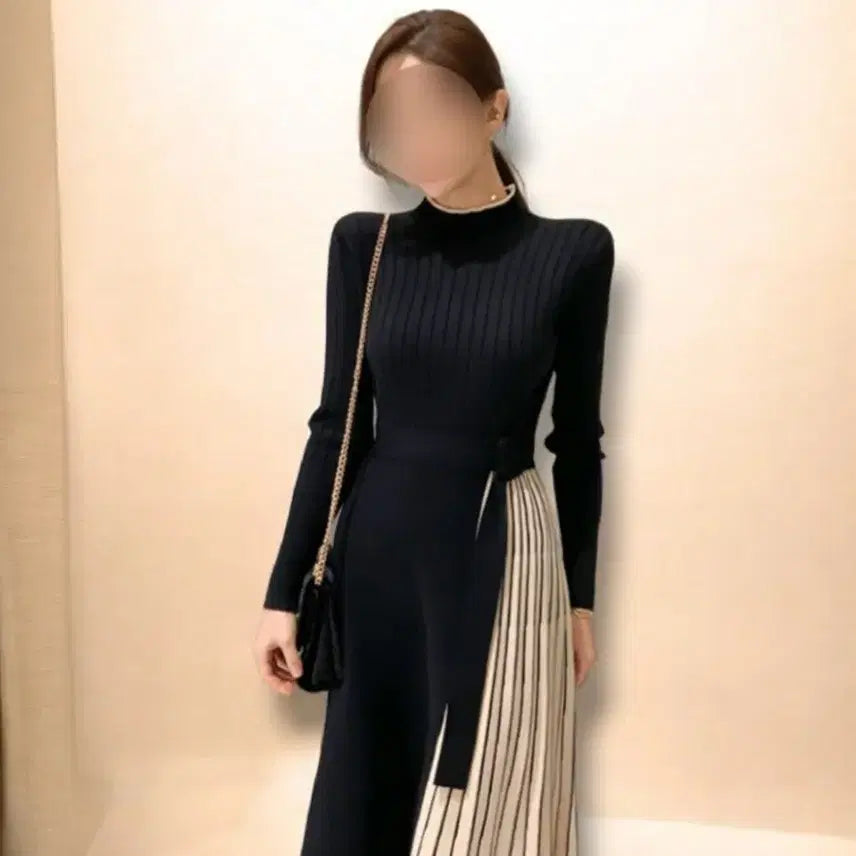 [BUNJANG] Two-Tone Color-Block Knit Dress / 투톤 배색 니트 원피스