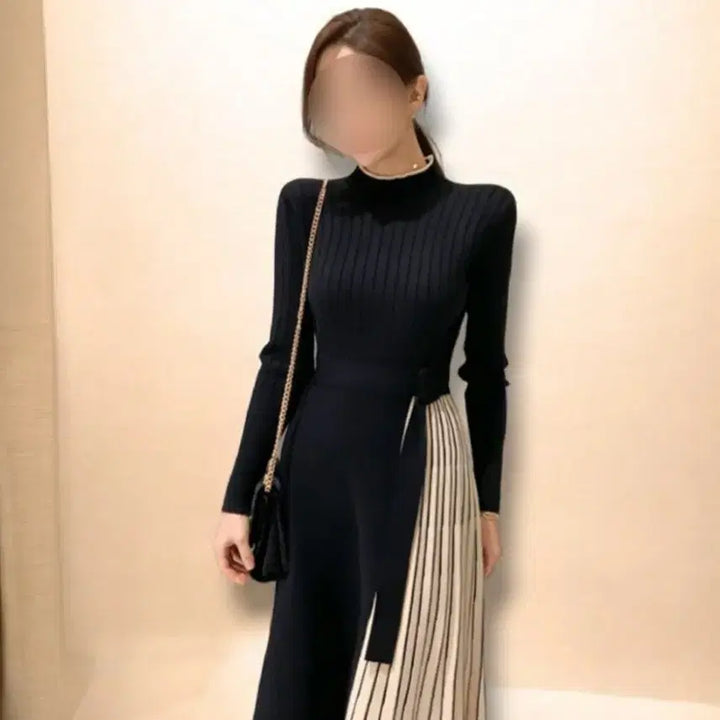 [BUNJANG] Two-Tone Color-Block Knit Dress / 투톤 배색 니트 원피스