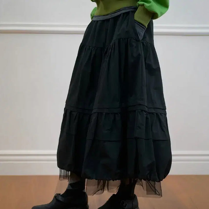 [BUNJANG] No Contents Shirring Mesh Skirt - Black / [노컨텐츠] 셔링 메쉬 스커트 _ 블랙