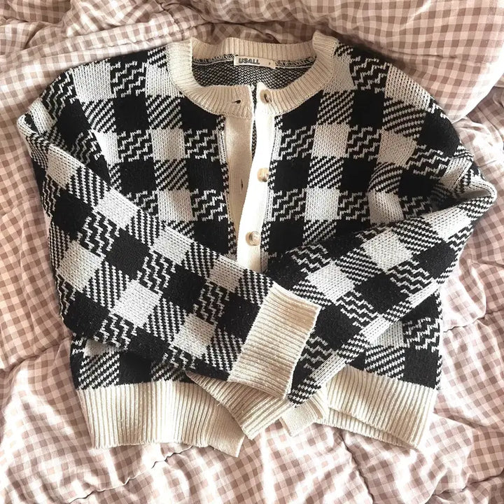[BUNJANG] USALL Vintage Mori Check Crop Knit Cardigan / USALL 빈티지 모리 고전 체크 크롭 니트 가디건