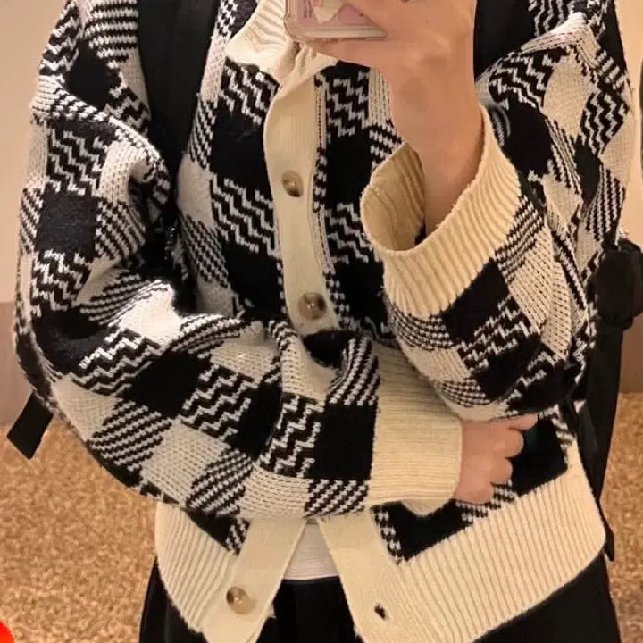 [BUNJANG] USALL Vintage Mori Check Crop Knit Cardigan / USALL 빈티지 모리 고전 체크 크롭 니트 가디건