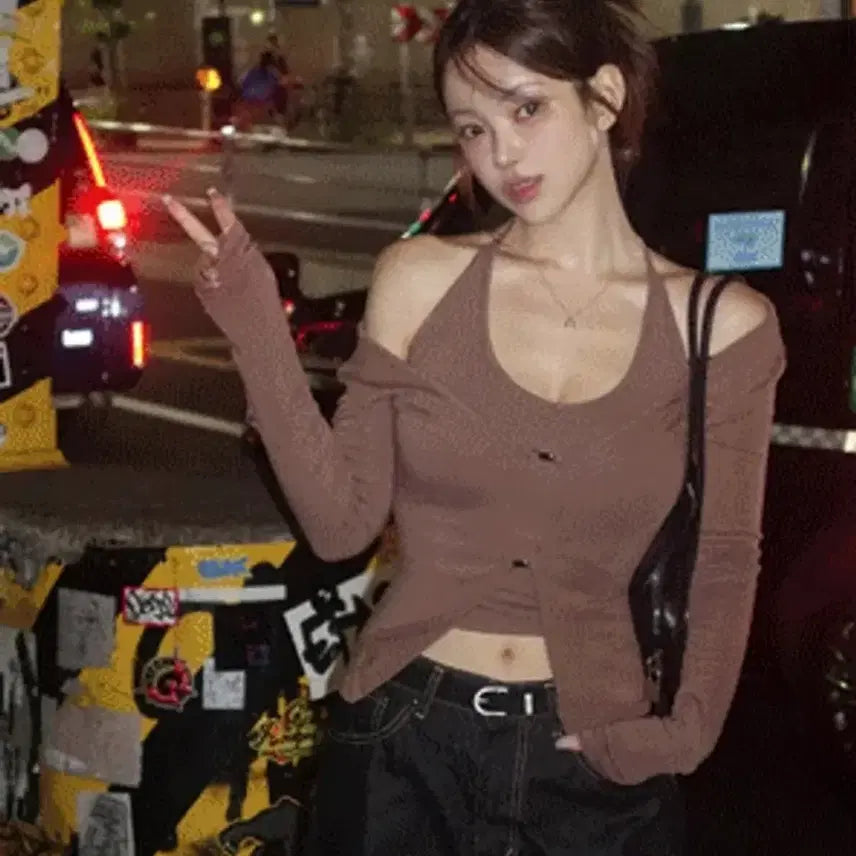 [BUNJANG] Hipnotic Silver Hook Halter Tank Top and Cardigan Set / 히프나틱 [MADE:자체제작]실버 후크 홀터나시 가디건 세트 브라운