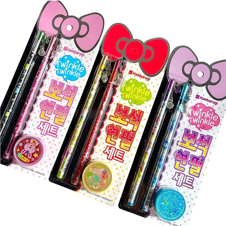 [BUNJANG] Retro Kitsch Gem Keyring Pencil & Sharpener Set / [고전문구] 레트로 키치 보석 키링 연필 & 연필깎이 세트