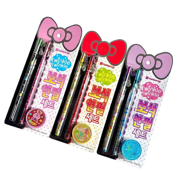 [BUNJANG] Retro Kitsch Gem Keyring Pencil & Sharpener Set / [고전문구] 레트로 키치 보석 키링 연필 & 연필깎이 세트