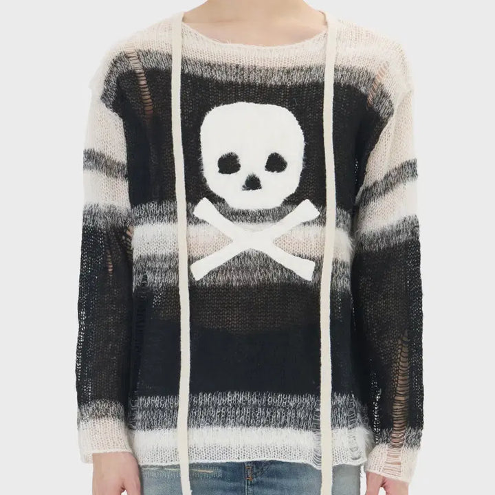 [BUNJANG] Hysteric Glamour Skull Applique Striped Sweater White / 히스테릭 글래머 스컬 아플리케 크러쉬드 스트라이프 스웨터 화이트